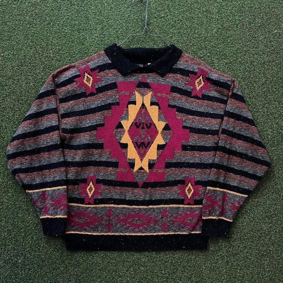 Vintage 80s b.b. waters USA Made Striped Navajo Western Pullover Sweater - Picture 1 of 5